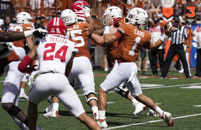 Sep 4, 2021; Austin, Texas, USA; Texas Longhorns quarterback Hudson Card (1) throws a pass against the Louisiana Ragin' Cajuns in the first half at Darrell K Royal-Texas Memorial Stadium.